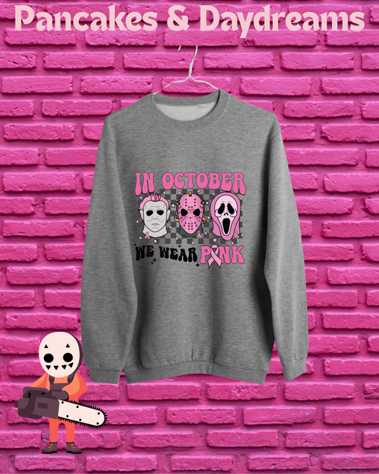 🎃💕🔪 In October We Wear Pink Tee – Pink Horror Show Collection