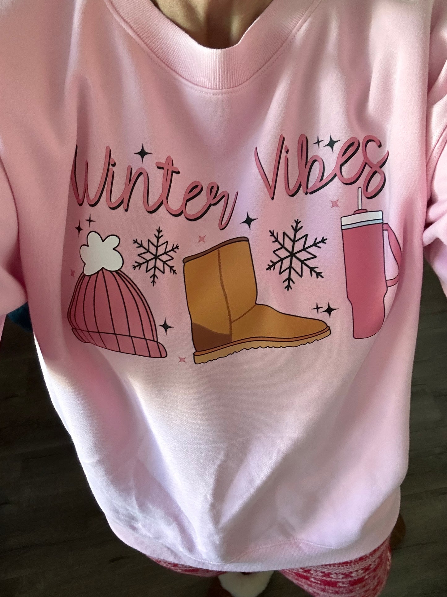 "Winter Vibes" Pink Sweatshirt w/ Stanley Cup & Ugg boots