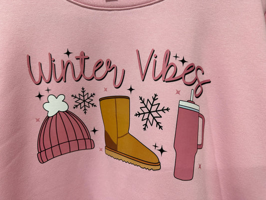 "Winter Vibes" Pink Sweatshirt w/ Stanley Cup & Ugg boots